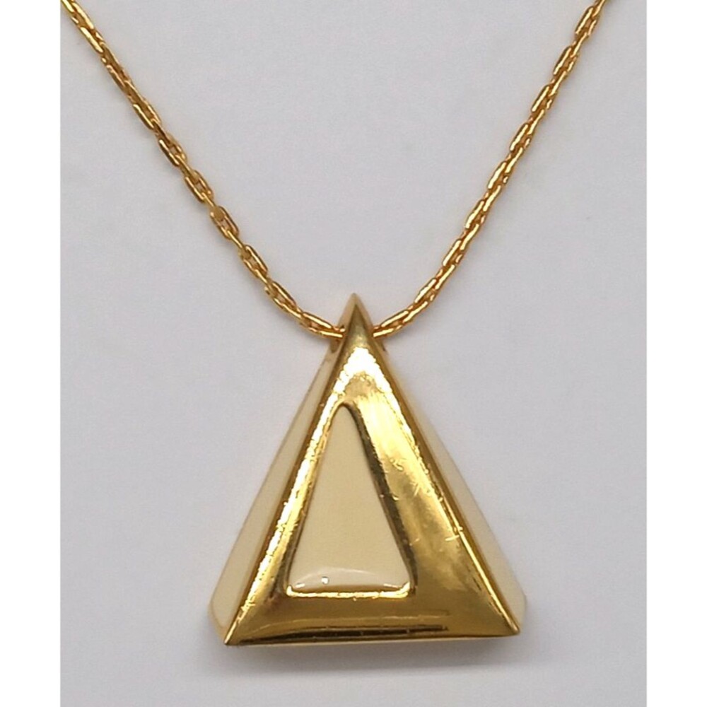 Triangle 3D Pendant Chain Necklace Gold Tone White Enamel Direction One Vintage